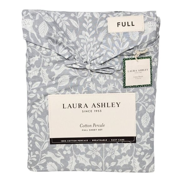 Laura Ashley Cotton Percale Full/Double Sheet Set Gray Deer Dance Holiday Print - Picture 1 of 8